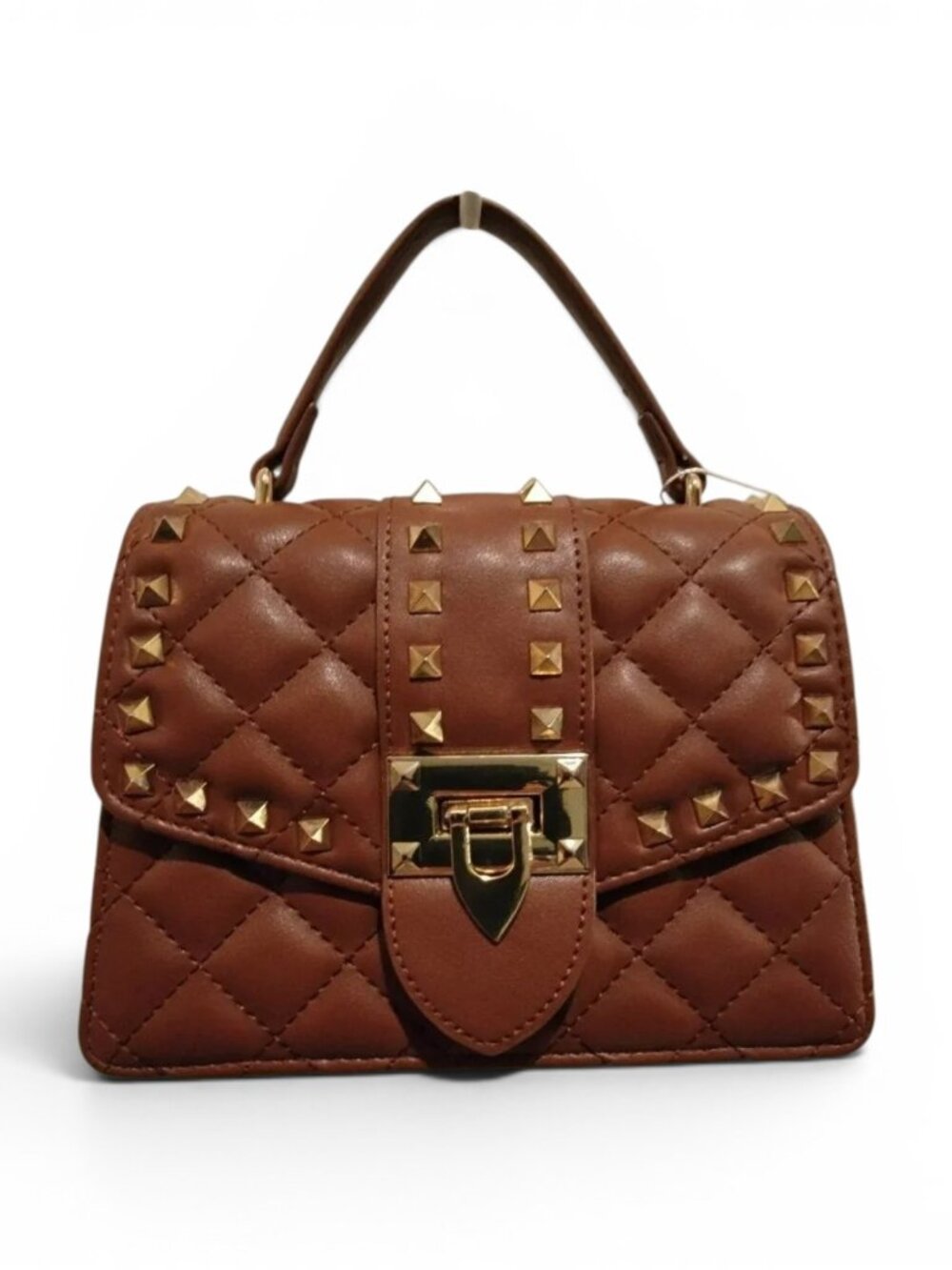 Quilted Studded Crossbody Bag Brown Faux Leather Top Handle Glam Purse NWT